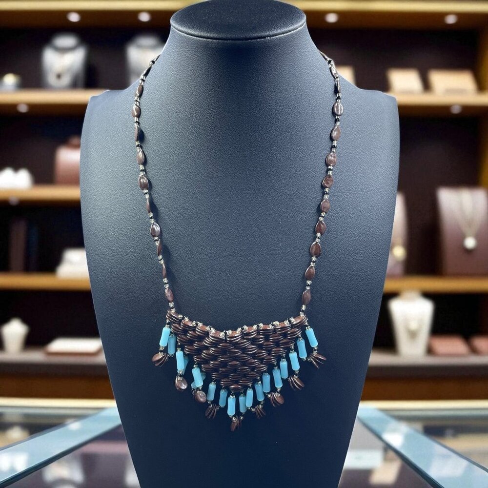 Boho Beaded Necklace Brown Wood‎ With Turquoise Accents Rustic Earthy Festival